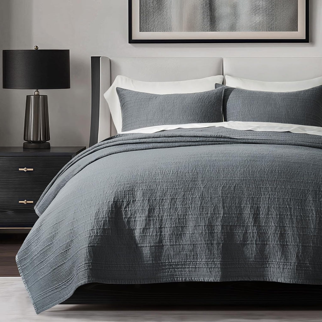 EVERGRACEHOME Cotton Sateen Channel Quilt Set, Queen Size, Midnight Blue