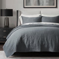 EVERGRACEHOME Cotton Sateen Channel Quilt Set, Queen Size, Midnight Blue