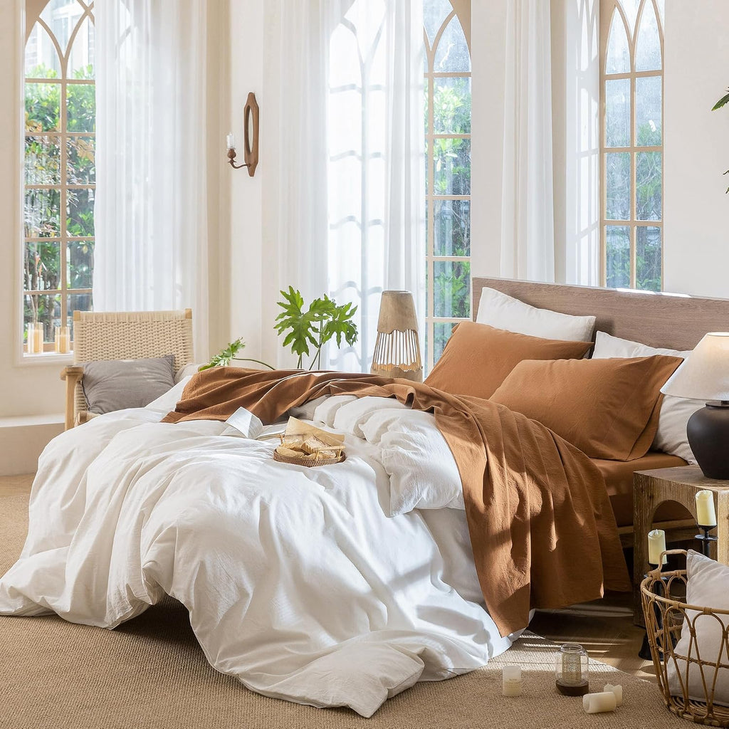 MooMee Sheet Set 100% Washed Cotton Linen-Like Extra Deep Pocket Queen