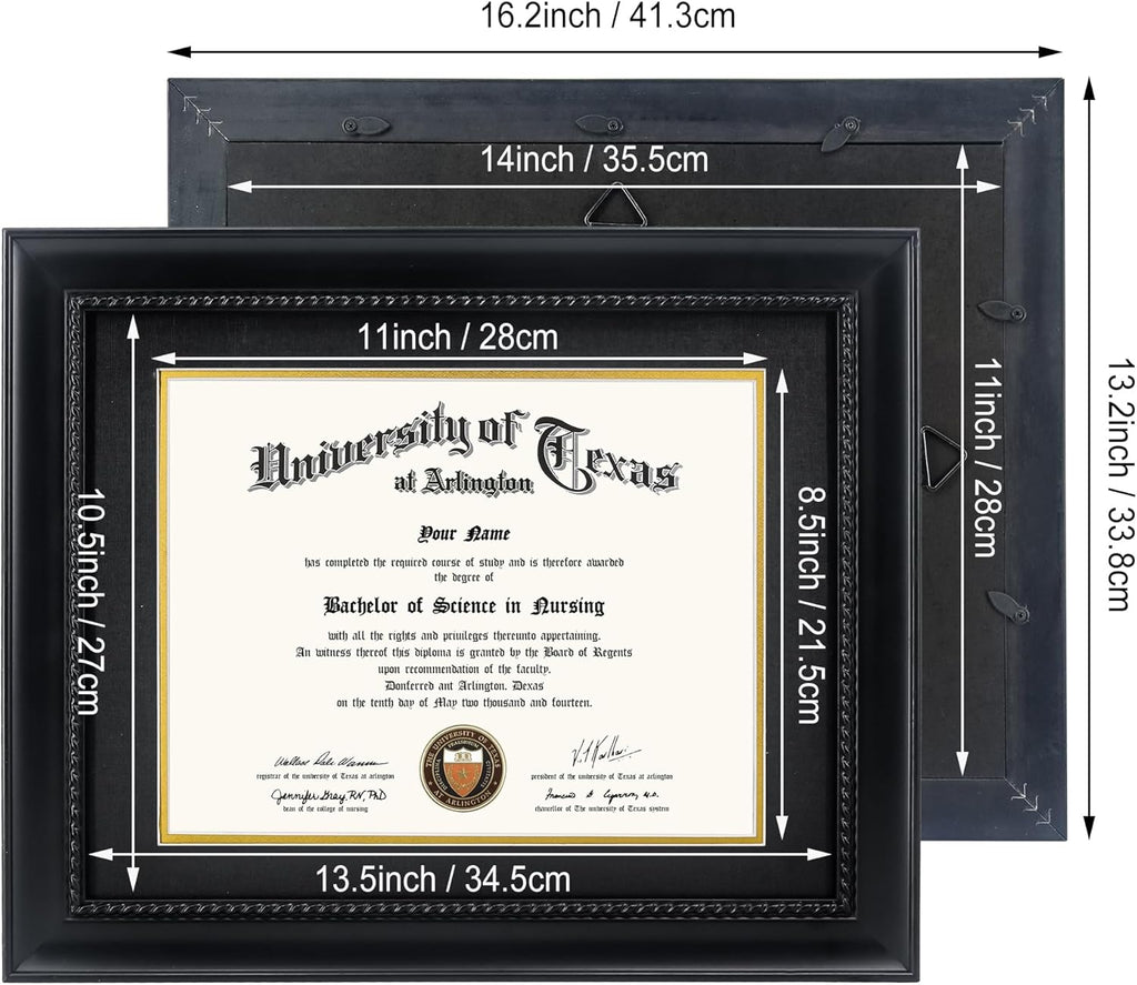 GMFrames 8.5x11 Diploma Degree Frame with Mat or Display 11x14 Certificates without Mat,Solid Wood,Black Finish with Intricate Black Rope Detail,UV Protection Acrylic