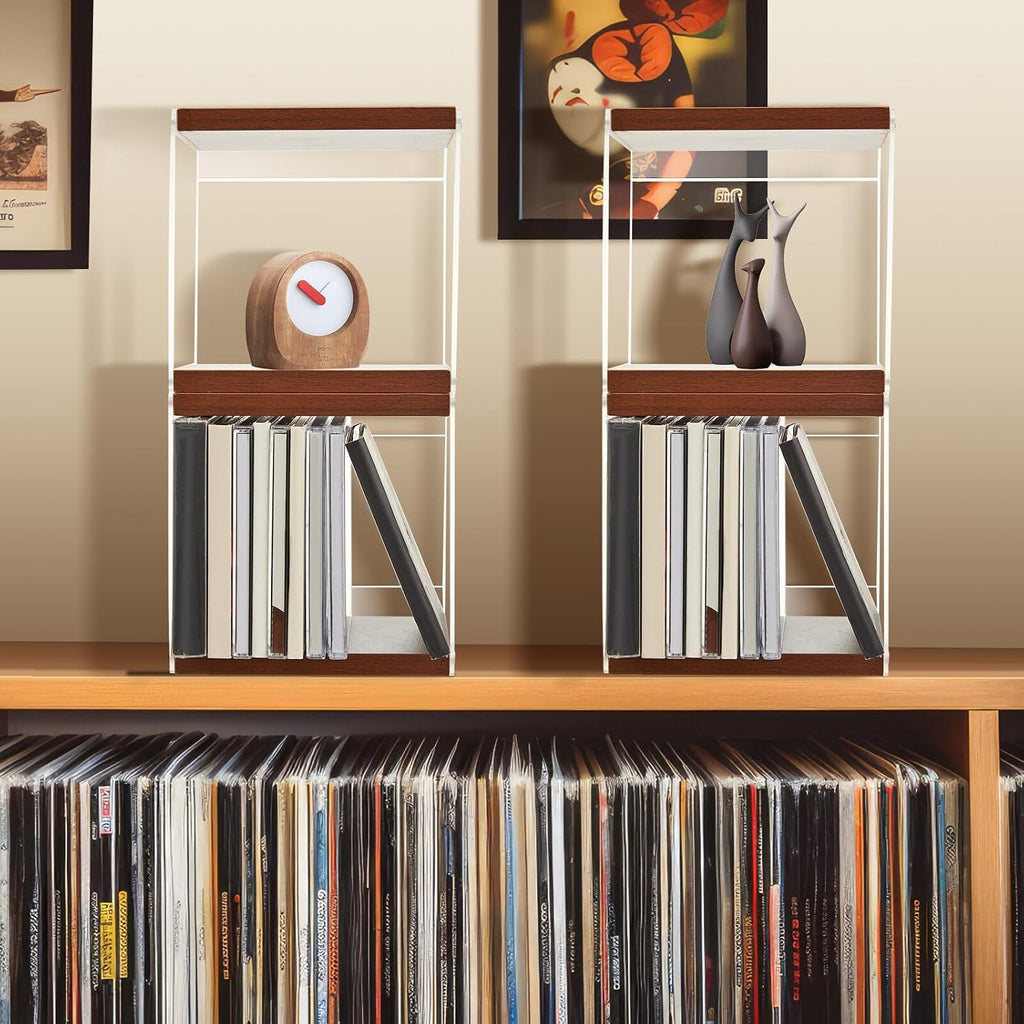 Threehoney 4 Pcs Retro MDF Cd Holder, Walnut Colored DVD Shelf Rack