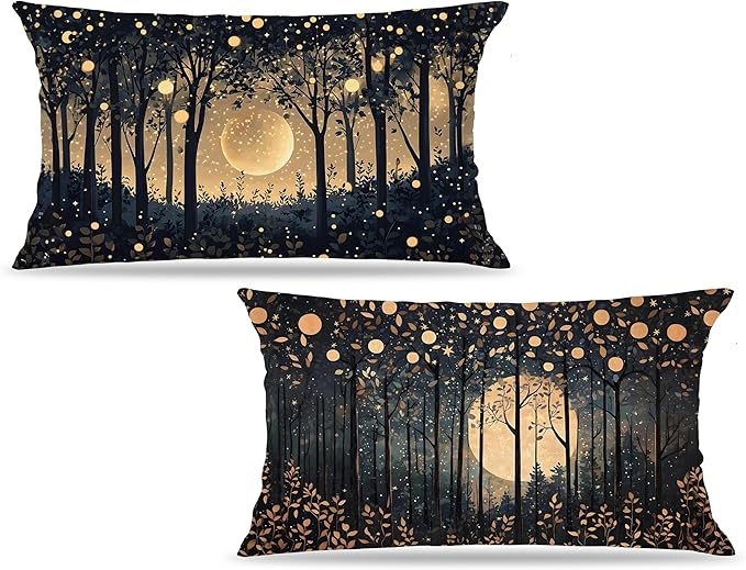 Rustic William Morris Inspired Gold Moon Pillow Covers 12x20 Set of 2, Vintage by Unknown