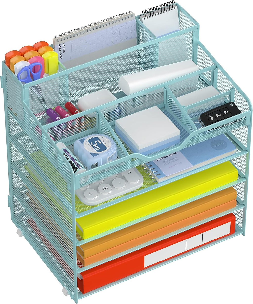 Docnest 5 Tier Mesh Desk Organizer with Letter Tray & Paper Sorter, Blue
