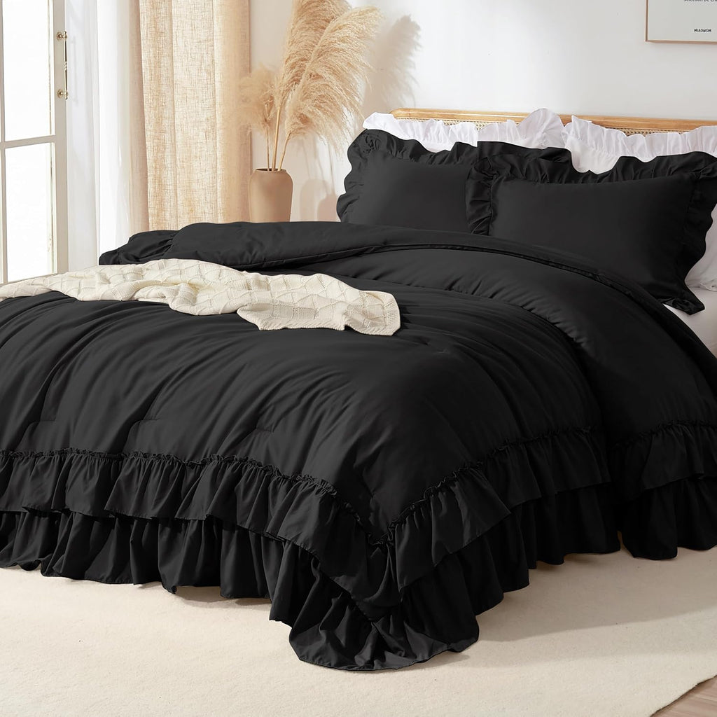 Ruffled Comforter Set Queen Size, 3-Piece Shabby Chic Bedding