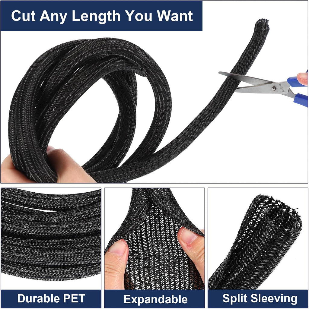 uxcell 20 Ft - 5/8 Inch Split Sleeving, Braided Cable Sleeving, PET Cable Management Wire Sleeve Cord Protector, Wire Wrap Loom Tube for Office Home Devices, Black