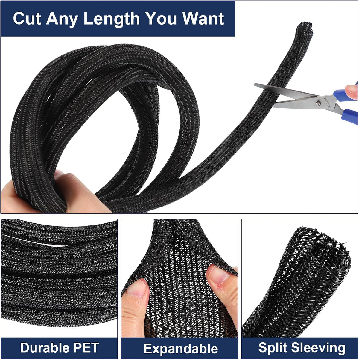 uxcell 20 Ft - 5/8 Inch Split Sleeving, Braided Cable Sleeving, PET Cable Management Wire Sleeve Cord Protector, Wire Wrap Loom Tube for Office Home Devices, Black