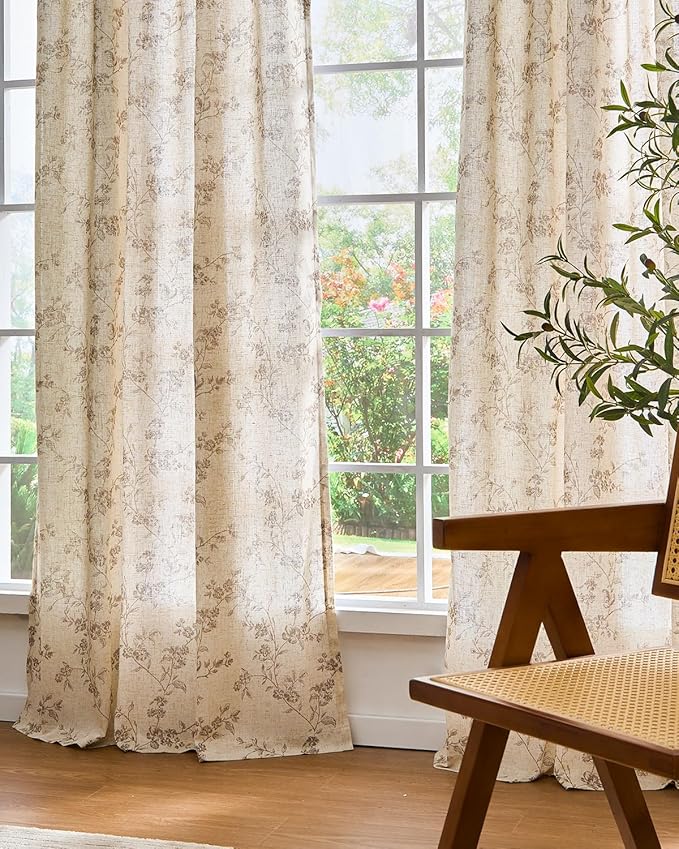 Lazzzy Farmhouse Linen Curtains Extra Long Taupe Floral Curtains 108 Inch - Image 8