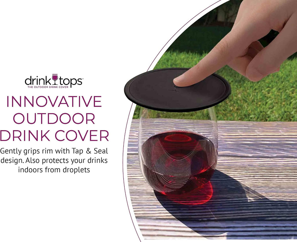 Drink Tops Tap & Seal Outdoor Drinking Glass Cover - Gently Suctions to Glasses to Keep Particles Out & Reduce Splashing - For Wine Glasses, Coffee & Tea Mugs, Beverage Glasses & More - 4pk