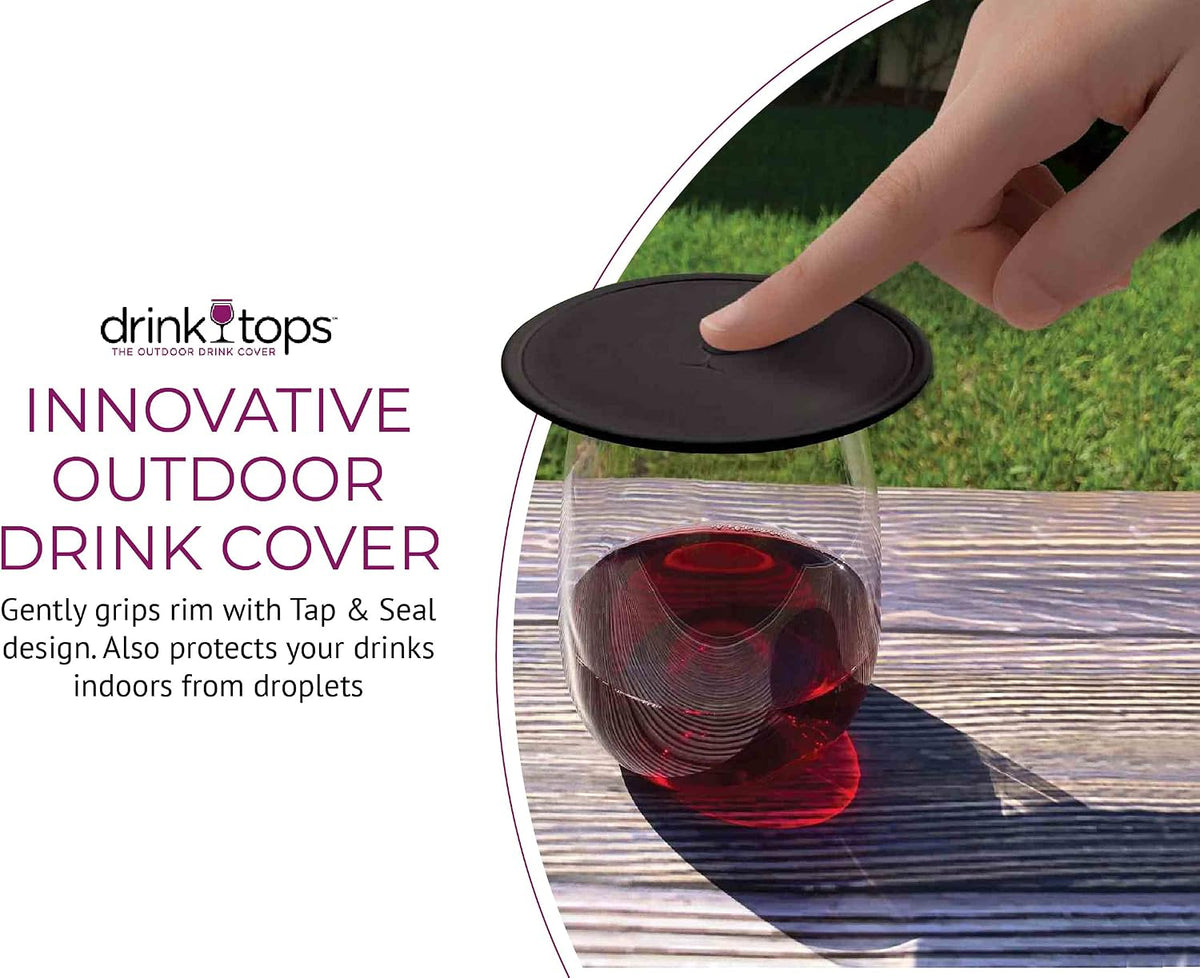 Drink Tops Tap & Seal Outdoor Drinking Glass Cover - Gently Suctions to Glasses to Keep Particles Out & Reduce Splashing - For Wine Glasses, Coffee & Tea Mugs, Beverage Glasses & More - 4pk