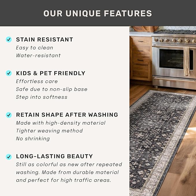 Black Boho Washable 2x6 Runner Rugs - Image 7