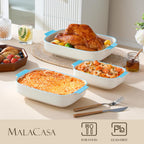 MALACASA Ceramic Baking Dishes Set of 3, Blue Trim Casserole for Oven, 9x13