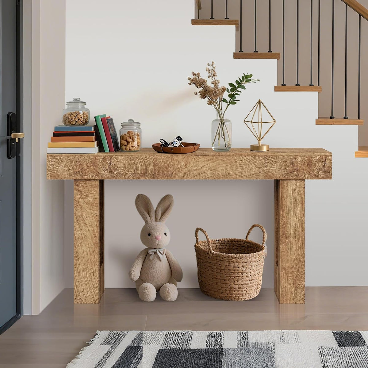 63" Farmhouse Console Table - Long Sofa Table Behind Couch, Wooden Entryway Table for Living Room, Hallway, Entrance, Rustic Rectangular Design, Natural Color