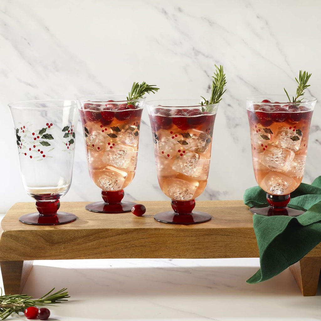 Pfaltzgraff Winterberry 4-Piece Hand-Painted Glass Water Goblets 14 oz