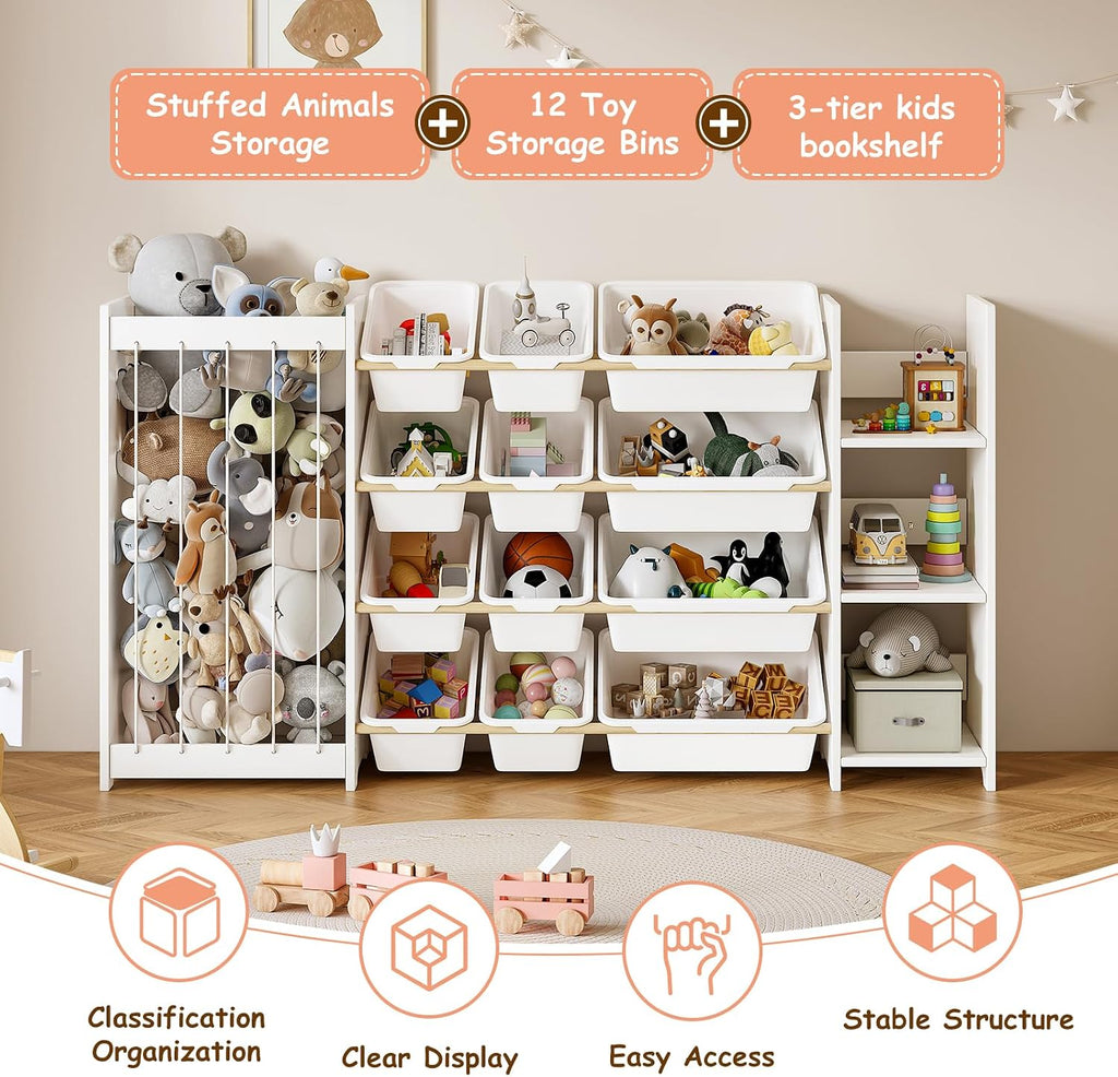 3-in-1 Kids Toy Storage Organizer, White Solid Wood, White Bins