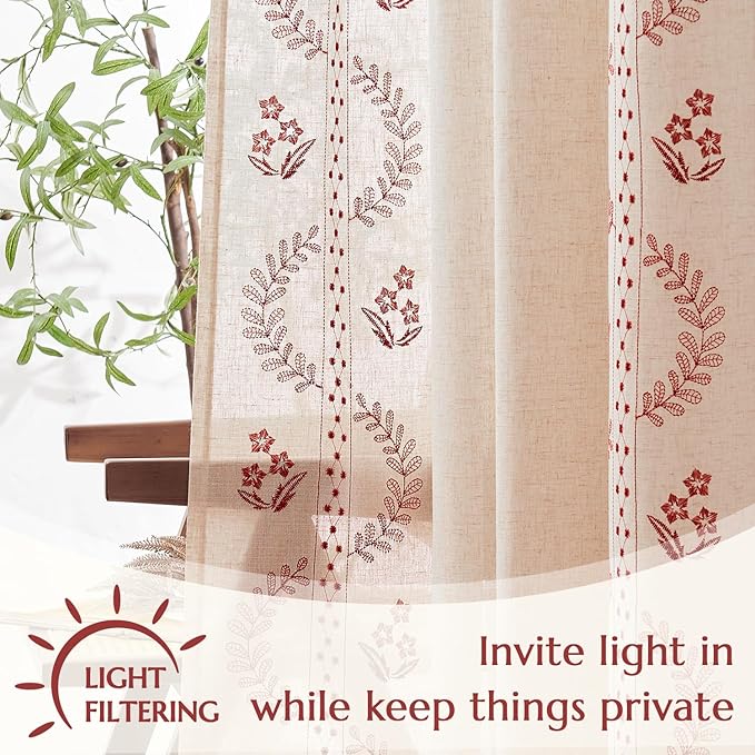jinchan Belrose Linen Curtains for Bedroom Floral Curtains 96 Inch Length Linen - Image 5