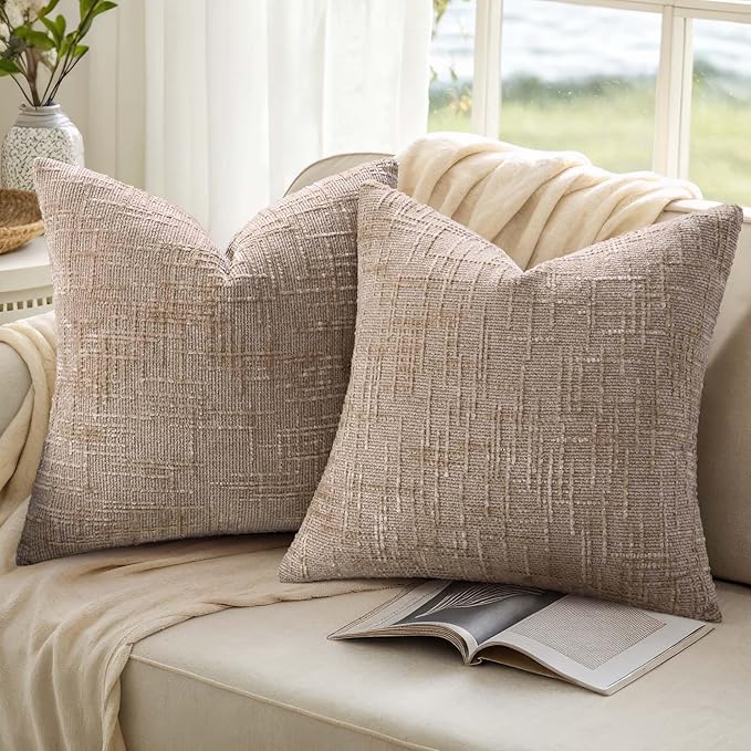decorUhome Oatmeal Chenille Euro Sham Throw Pillow Covers 24x24 Set of 2 - Image 9