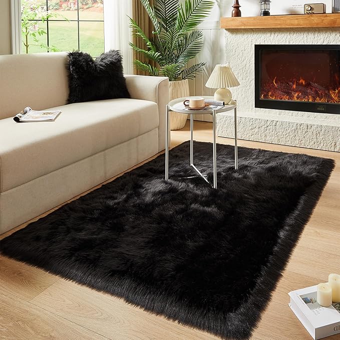 AMTOVO Faux Fur Sheepskin Rug for Living Room, 4 x 6 ft Black Fluffy Area Rug - Image 7