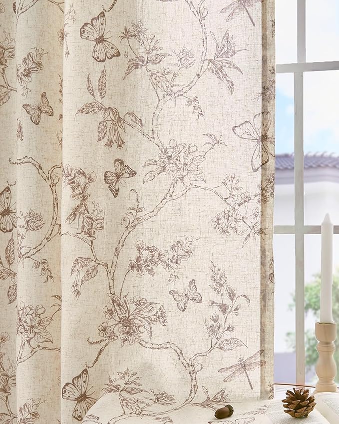 jinchan Floral Linen Curtains for Living Room 84 Inch Length Butterfly Curtain - Image 9