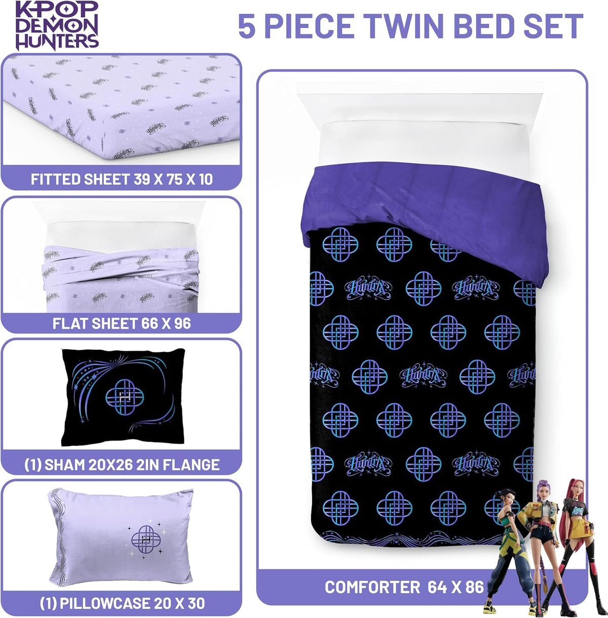 Kpop Demon Hunters Huntrix Twin Comforter Set 5 Piece Kids Bedding, Black