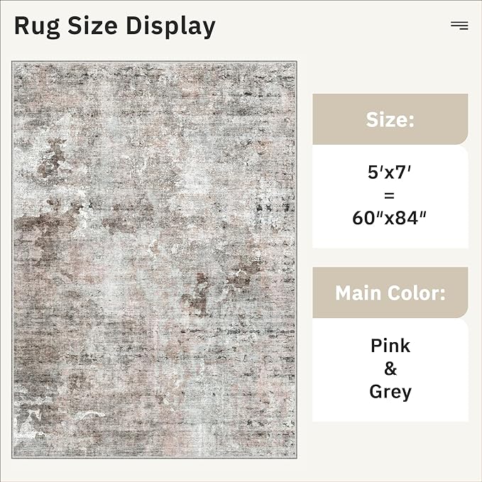 Abstract Rug 5x7 Machine Washable Area Indoor Pink Grey Low Pile Non-Slip - Image 5