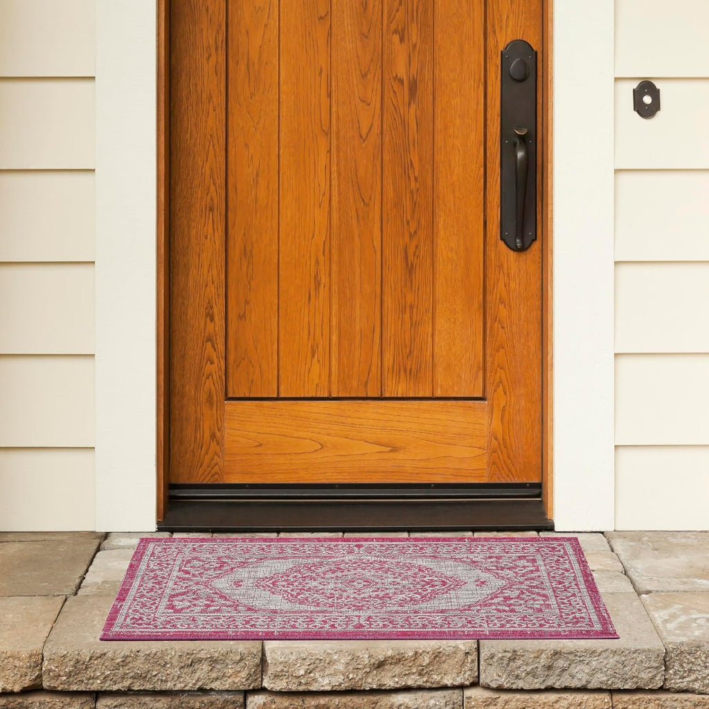 SAFAVIEH Washable Rug Outdoor Courtyard Collection - 2' x 3'7", Light Grey & Fuchsia Pink Purple, Non-Shedding & Easy Cleaning, Ideal for Patio, Front Door, Entryway, Doormat (CY8751-39712)