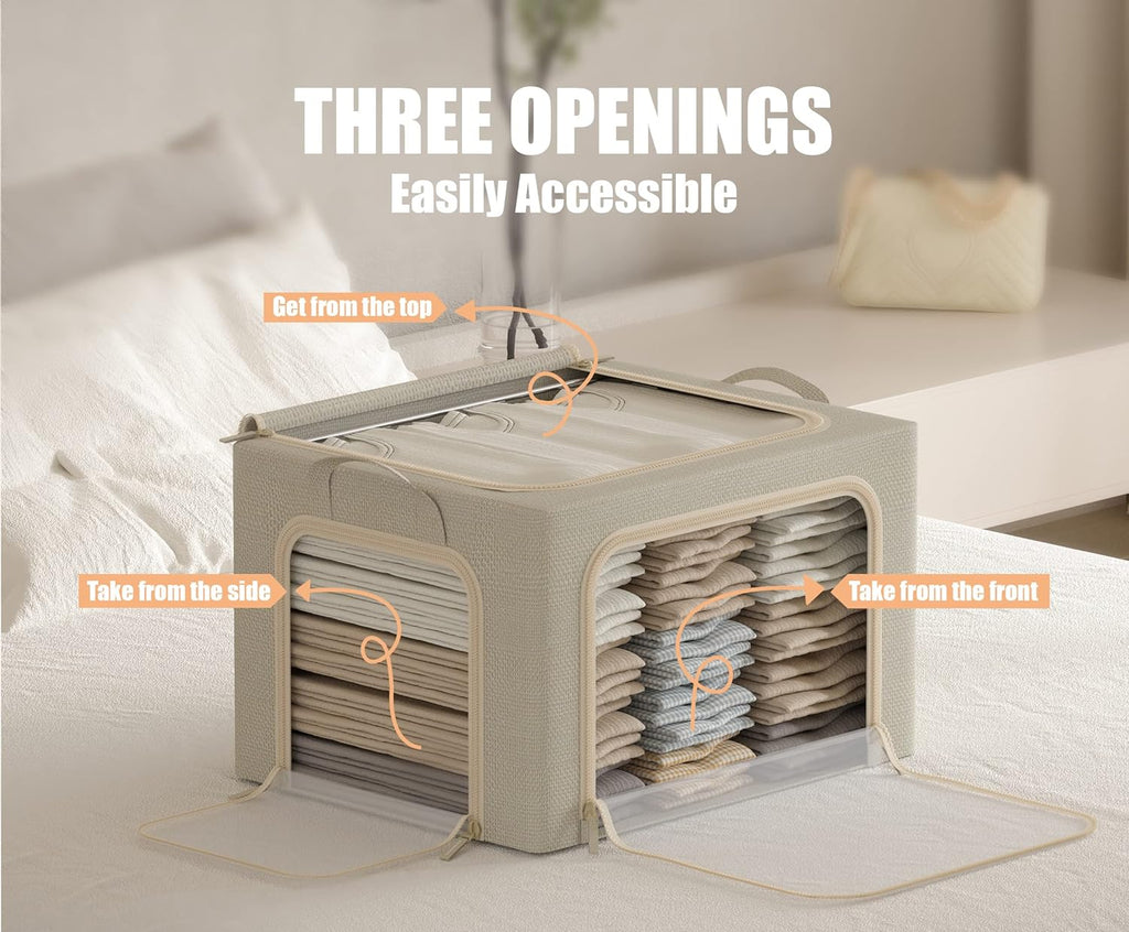 3 Openings Clothes Storage Bins with Metal Frame, Foldable Storage Bin for Clothes, Clothing Storage Bins with Lid, Linen Storage Box With Clear Window＆ Zippers＆ Durable Handles.(3 Pcs ,Beige,40L)