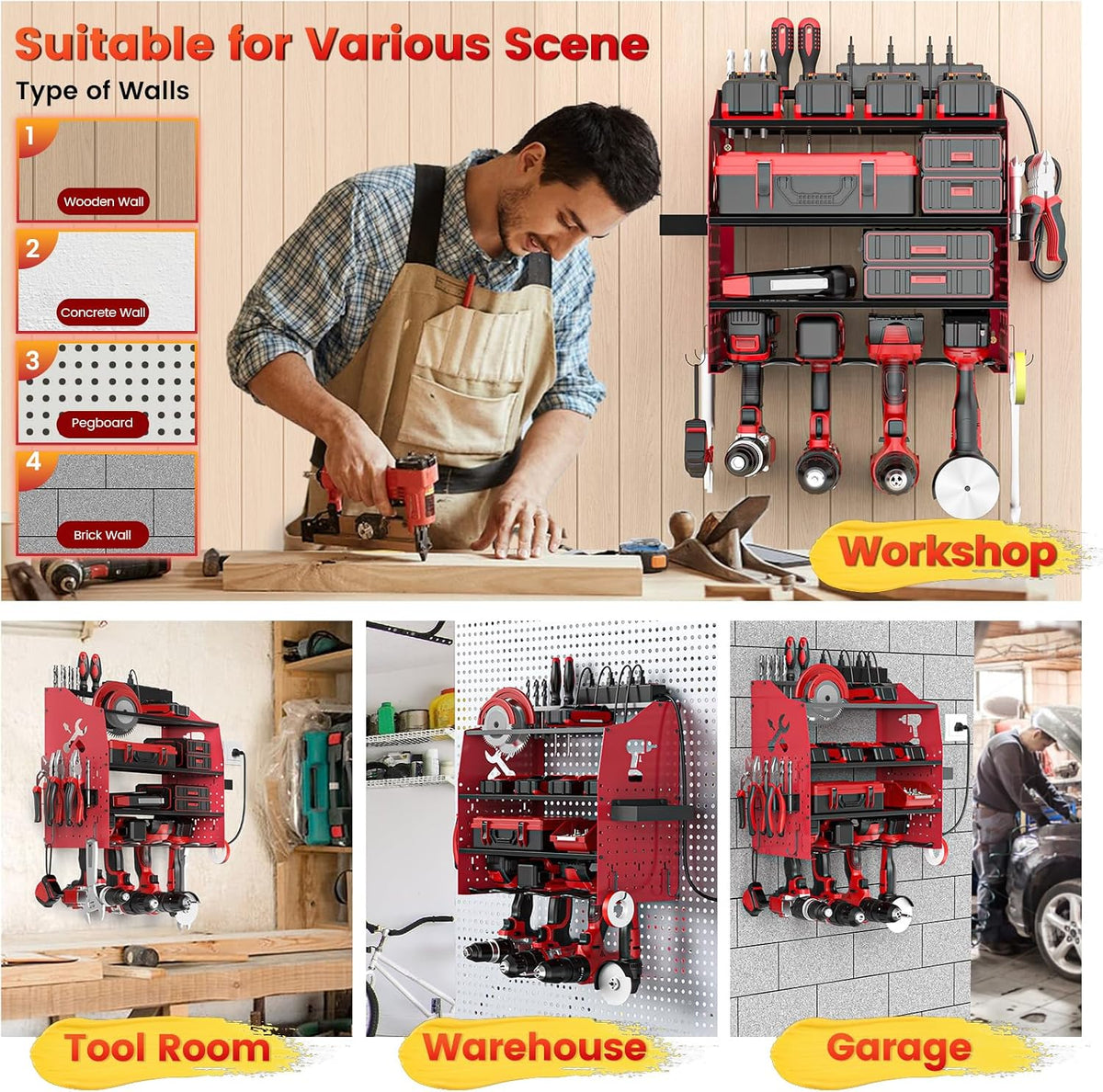 Power Tool Organizer Wall Mount with 6-Outlet Charging Station, 5-Layer