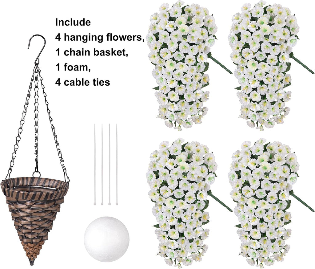 HyeFlora Artificial Faux Hanging White Flowers Plants Basket for Outdoor Outside Decor, 4 PCS Fake UV Resistant Realistic Morning Glory Flowers for Porch Home Balcony Yard Patio Decoration