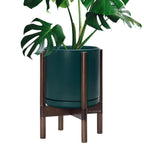 D'vine Dev Ceramic Pot with Walnut Wood Stand, Teal, 10 in, 55-B-X-4