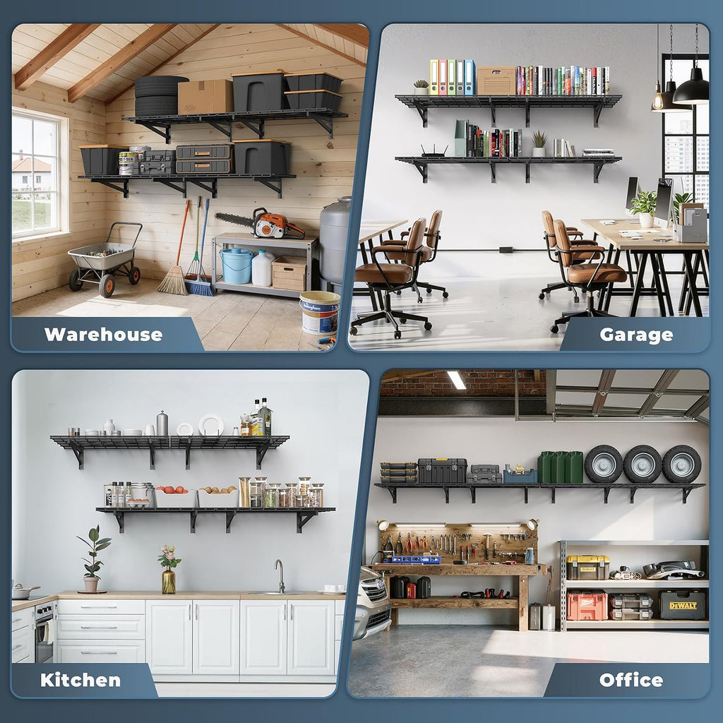 4 Pack Wall Mounted Garage Shelving, 2x3ft, 1400lbs Integrated Grid