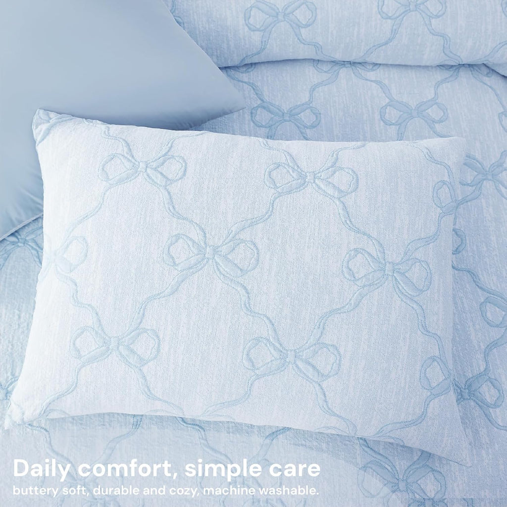 Full Size Comforter Sets for Girls - 7 Pieces Blue Bow Bed in a Bag