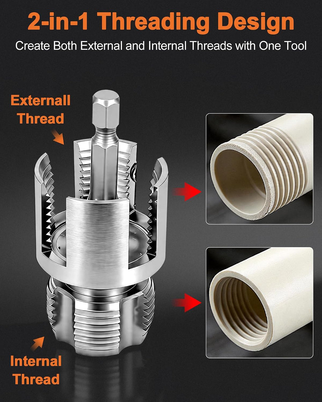 3PCS Carbon Steel Internal & External Pipe Threading Tool Set, 1/2", 3/4", 1" PVC Pipe Threader Kit with Gloves & Tape, Drill-Compatible for Smooth Threading, Plumbing Projects and Home Repairs