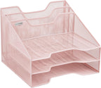 Mind Reader Metal Mesh Desktop File Organizer, 3-Tier Paper Tray with 5 Compartments, Office Mail Sorter, Pink