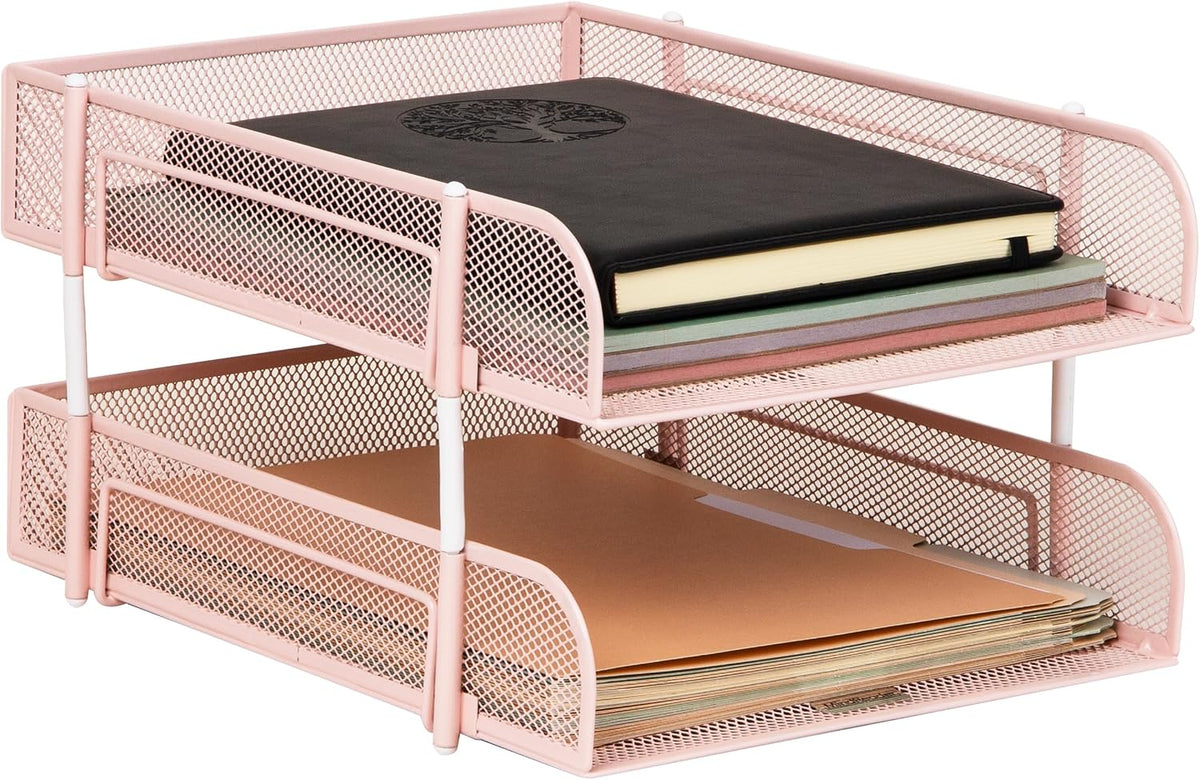 Mind Reader Stackable Paper Tray, Desktop Organizer, File Storage, Office, Metal Mesh, 2 Pcs, Pink