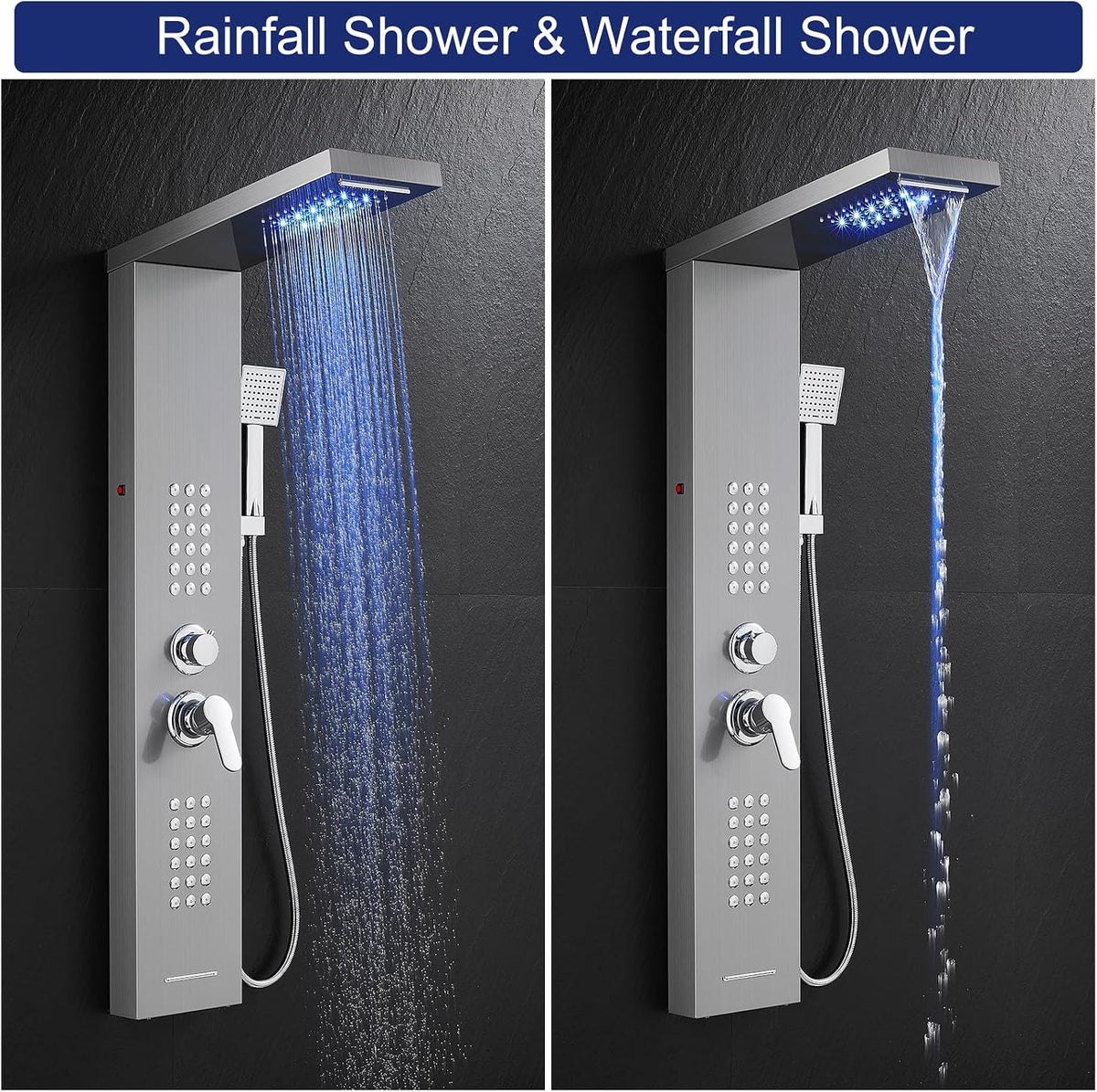 ROVATE 5 in 1 Shower Panel Tower System with LED Lights, Brushed