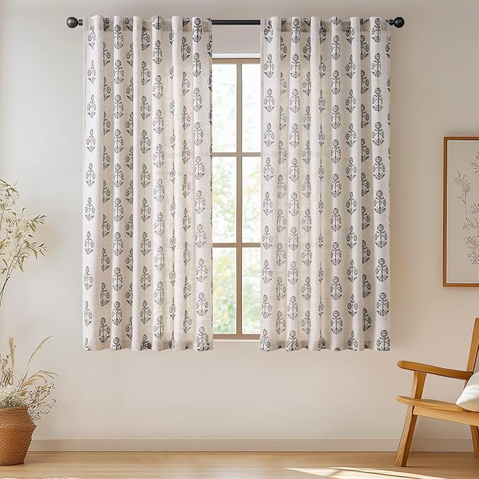 jinchan Linen Floral Curtains for Living Room 63 Inch Length Black Flower - Image 2