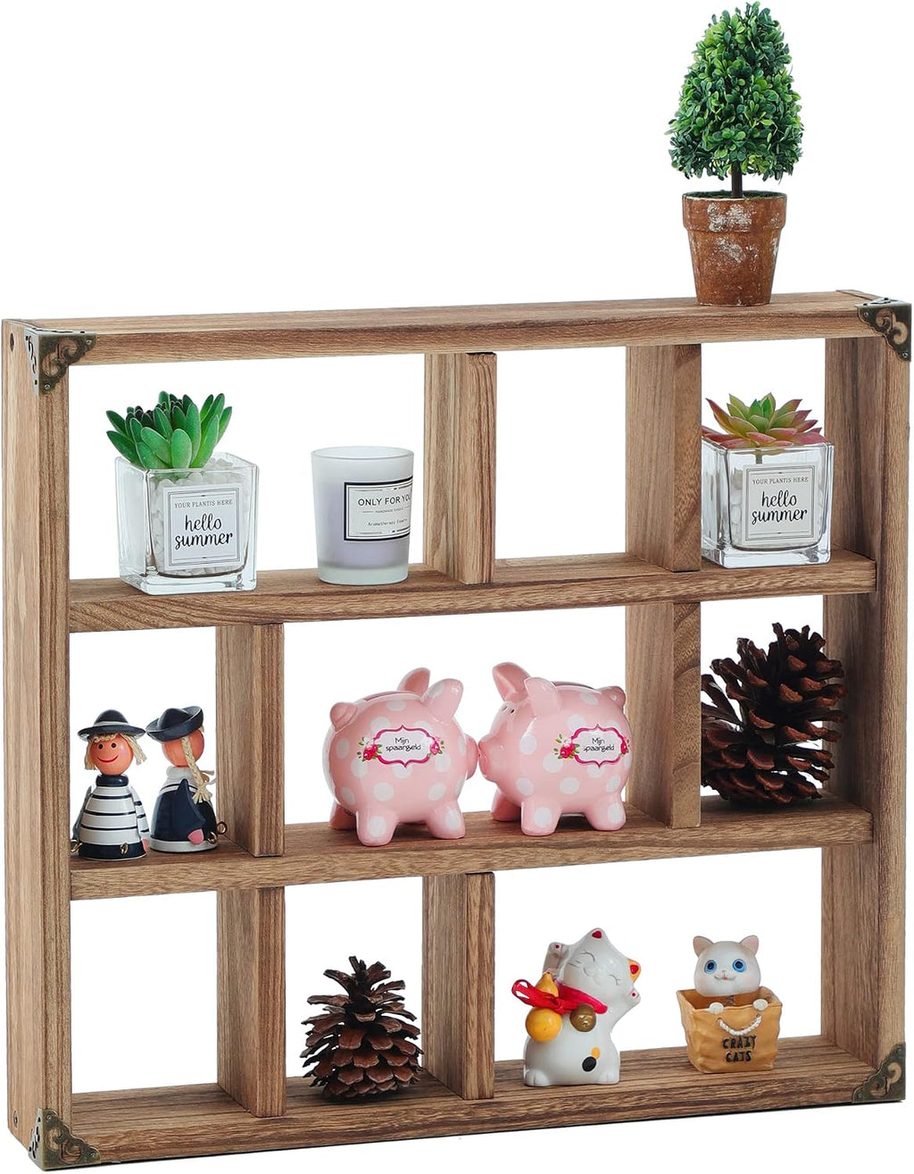 17.7x15.7-Inch Shadow Box Shelf 9-Slot Rustic Wood Floating Shelves Larger Shelf Lightweight Solid Wood Display(Set of 2,9C-Brown)