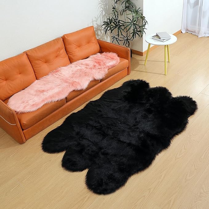 linmopm Faux Fur Rug Sheepskin Shag Fluffy Fuzzy Black 4x6 ft Rugs - Image 3