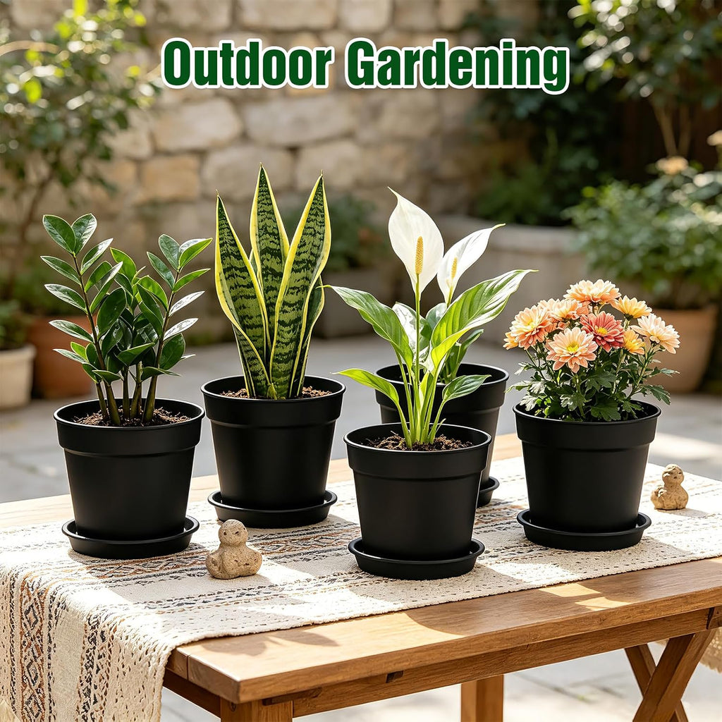 8 Inch 10 Pack Plastic Plant Pots with Drainage Holes and Trays