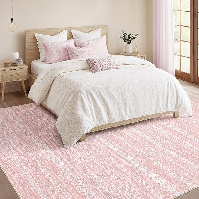 Nakagishi Pink Rugs for Bedroom Girls: 5x8 Washable Boho Large Neutral Area Rug - Image 5