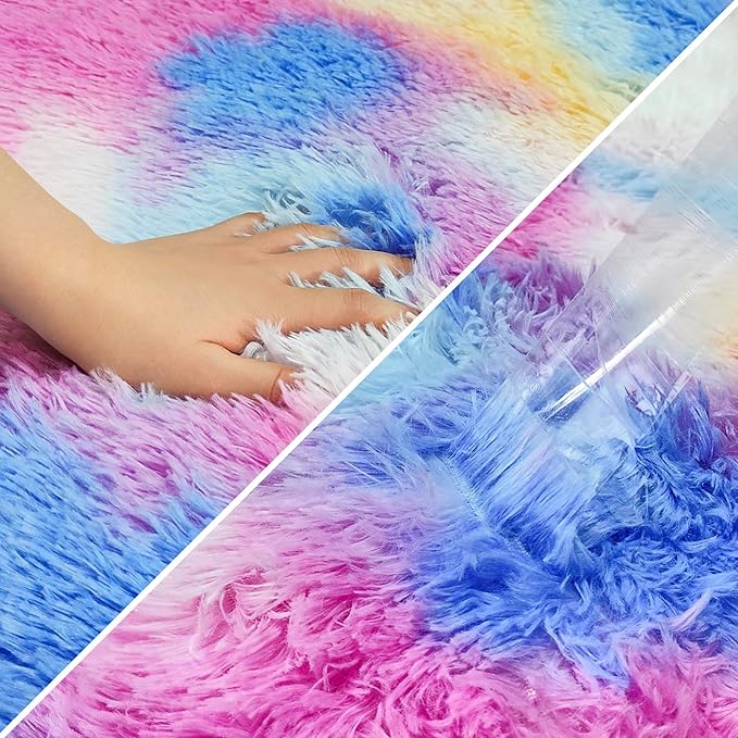 Fluffy Colorful Rug for Bedroom 2x6 ft Kawaii Tie-Dyed Area Rug Non Slip Cute - Image 6