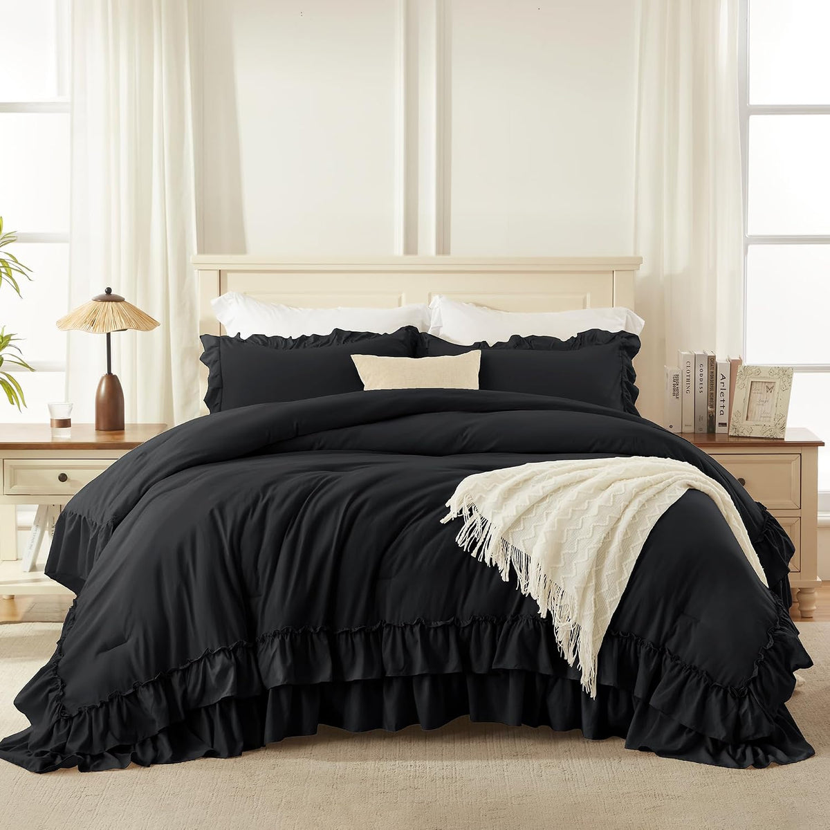 Andency Black Ruffle Comforter Set Queen Size, 3 Pieces