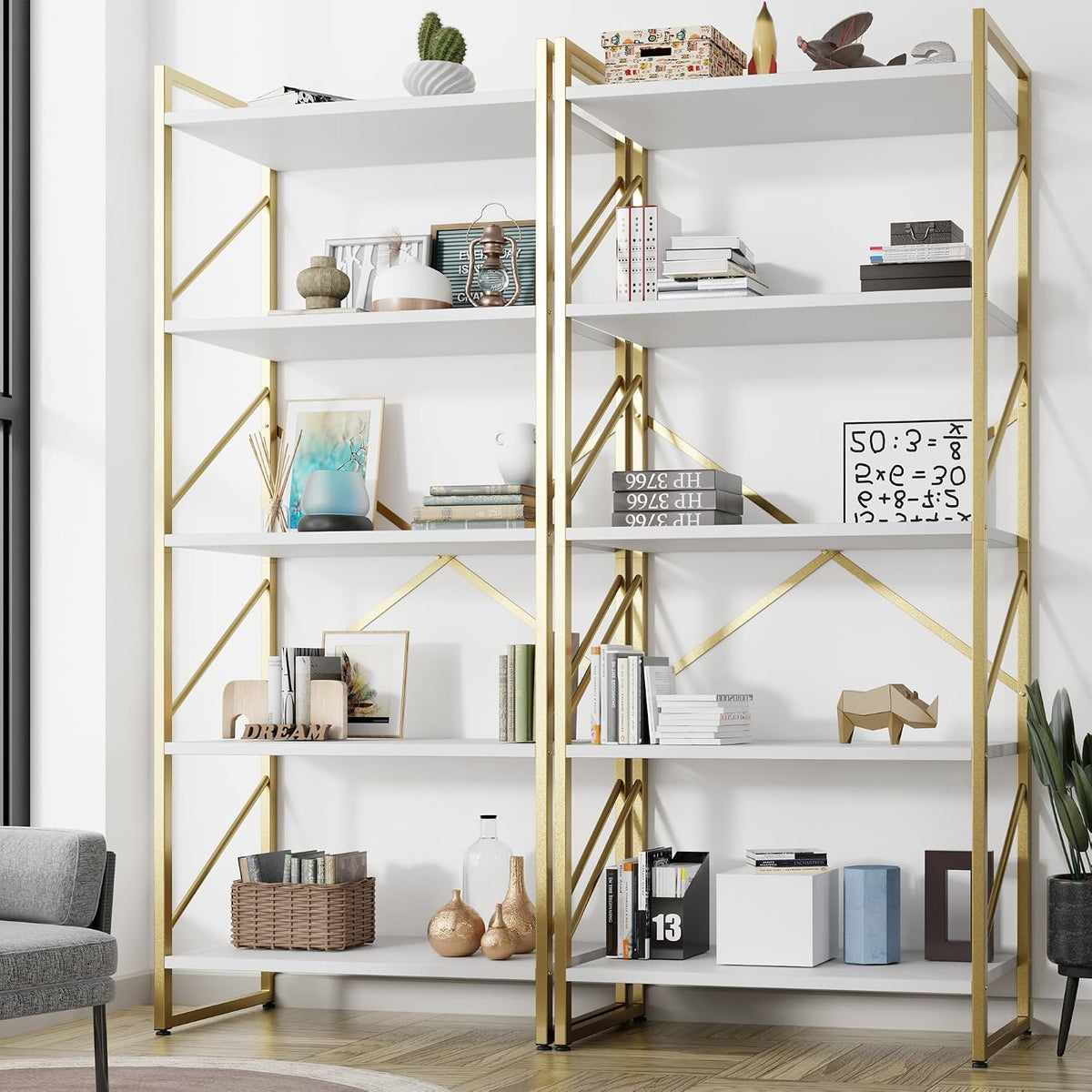 Shintenchi 2 Pieces 5 Tiers Bookshelf, Classically Tall Bookcase Shelf