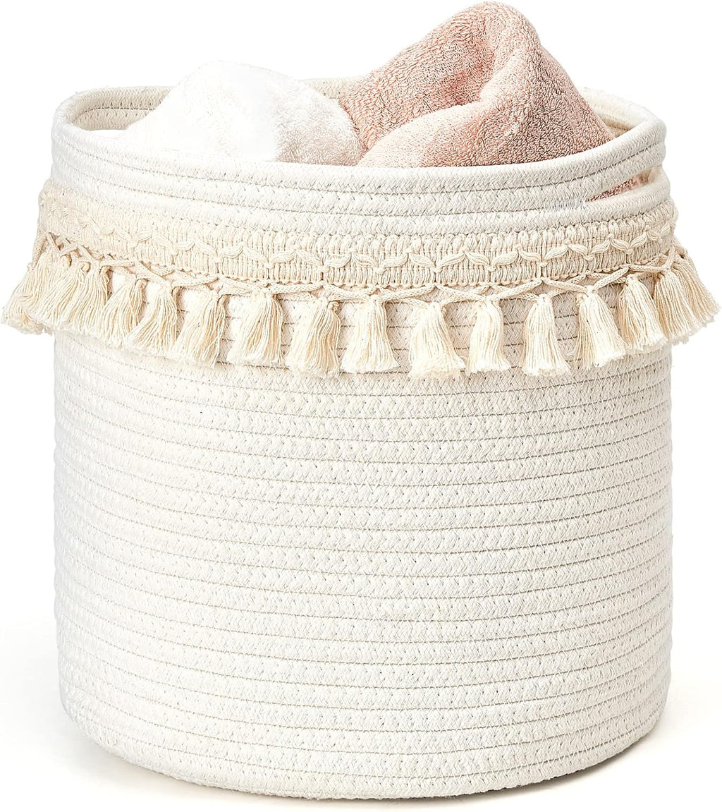 Mkono Macrame Cotton Rope Basket, Small Boho Nursery Decor, 11"x11", Ivory