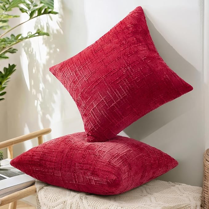 decorUhome Red Chenille Throw Pillow Covers 18x18 Set of 2 Textured Soft Cozy - Image 8