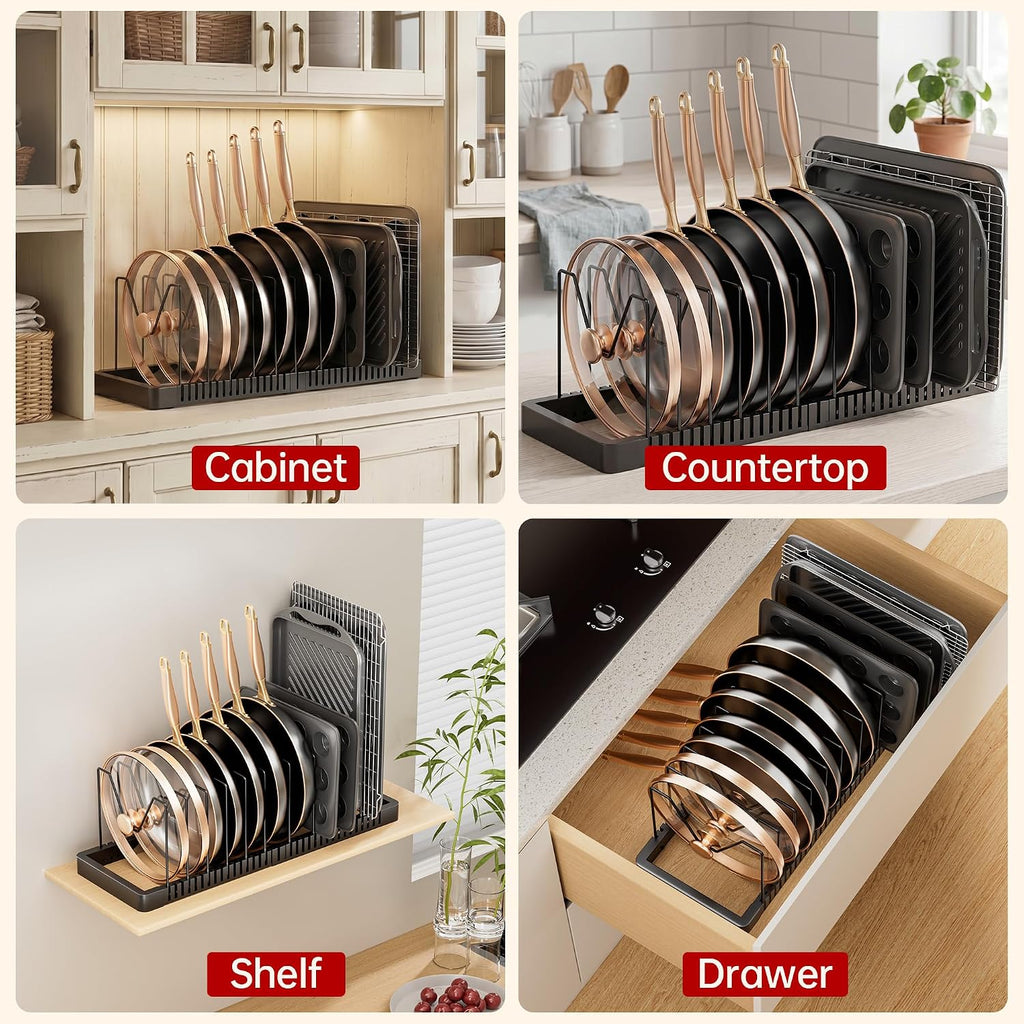ORDORA Expandable Pot and Pan Organizer with 10 Adjustable Dividers