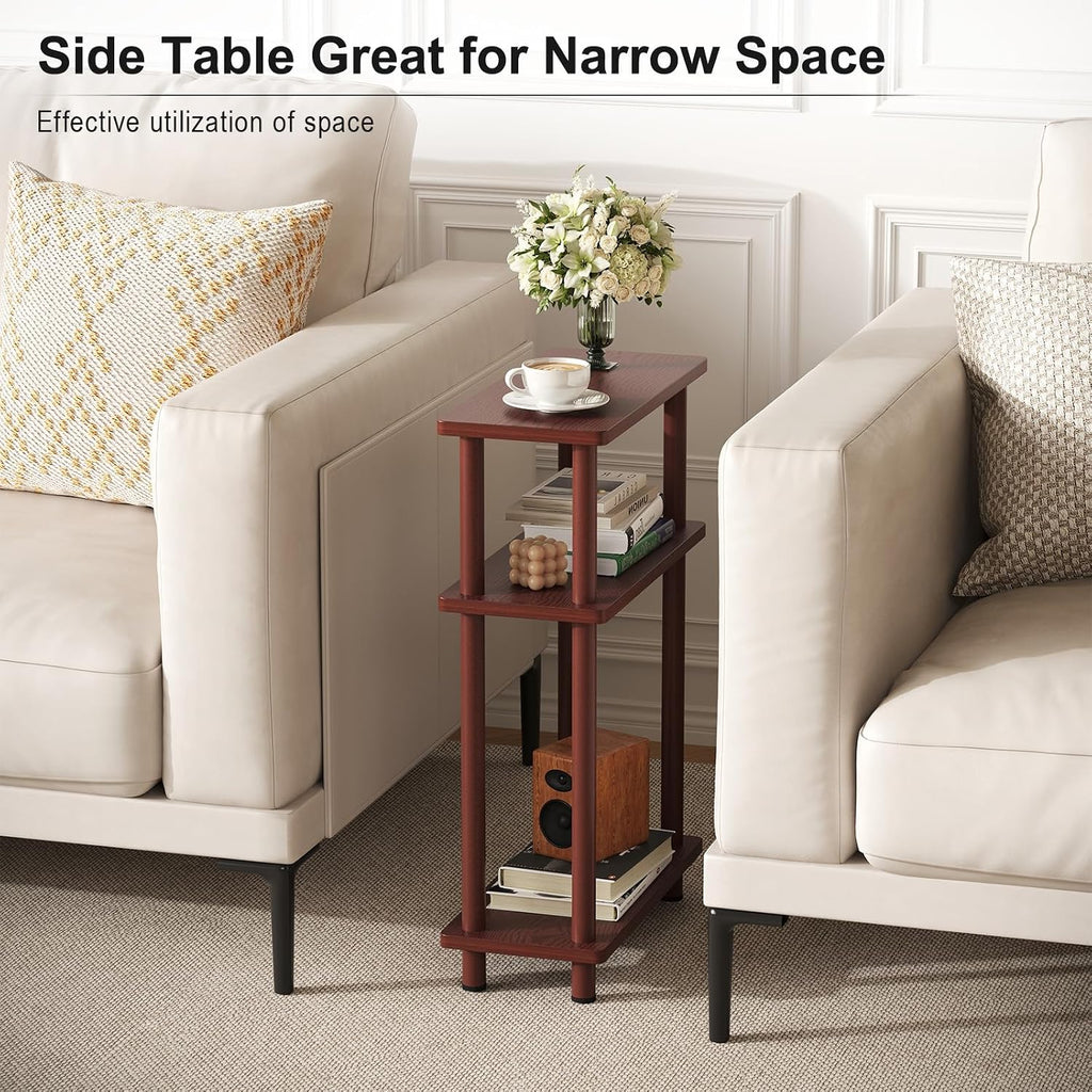 Apicizon Small Narrow Side Table, 3-Tier Skinny End Table, Dark Brown