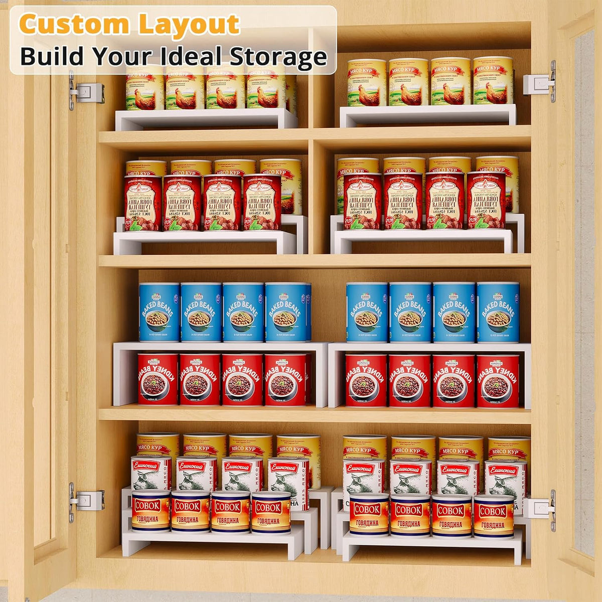 2-Set DIY Bamboo Can Organizer for Pantry, 3-Tier Can Display Rack, White