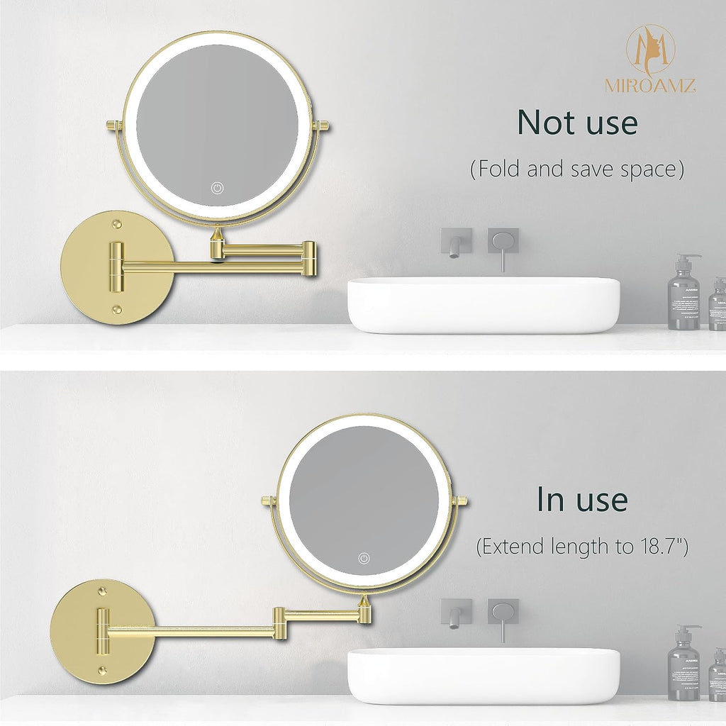 8" Wall Mounted Lighted Makeup Mirror, 1X/10X, Gold