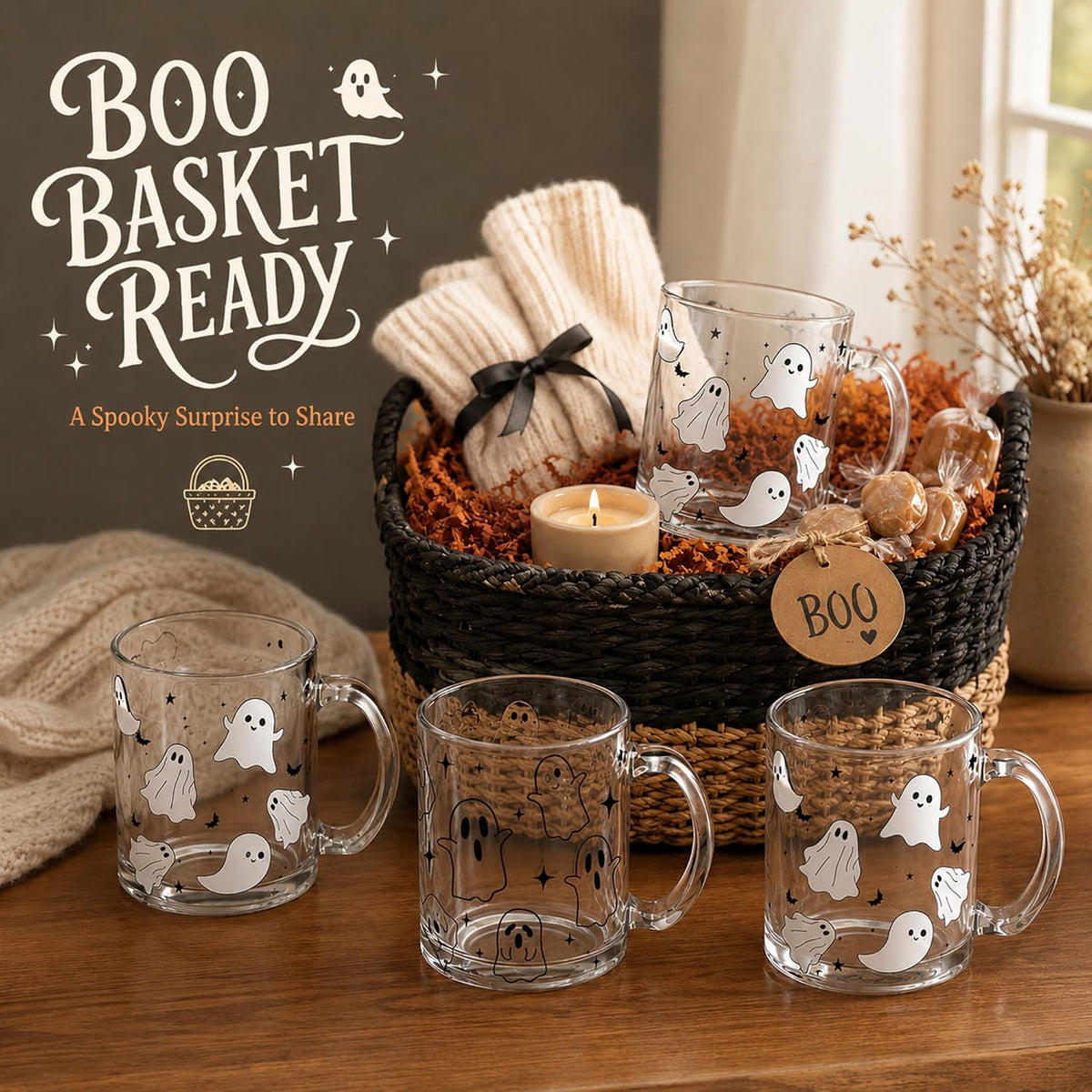 4 Pcs 12oz Halloween Ghosts Glass Coffee Mugs with Handle